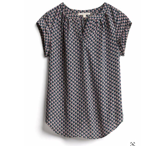 Fun2fun Size XS Stitch Fix Navy Green Geo Print Notch V-Neck Popover‎ Blouse Top - Picture 1 of 5